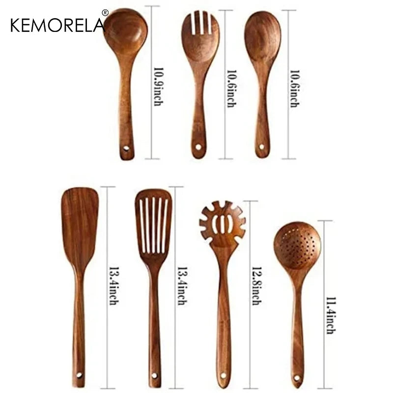 7PCS Teak Wooden Kitchen Utensils – Spoon & Ladle Set