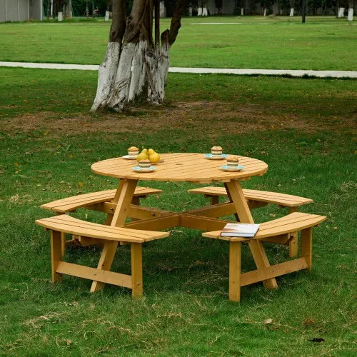 Brown Durable Wood 8-Person Round Picnic Table 4 Built-in Benches Umbrella Hole Outdoor Patio Furniture