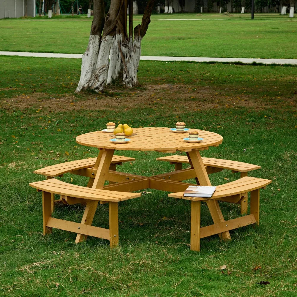 Brown Durable Wood 8-Person Round Picnic Table 4 Built-in Benches Umbrella Hole Outdoor Patio Furniture