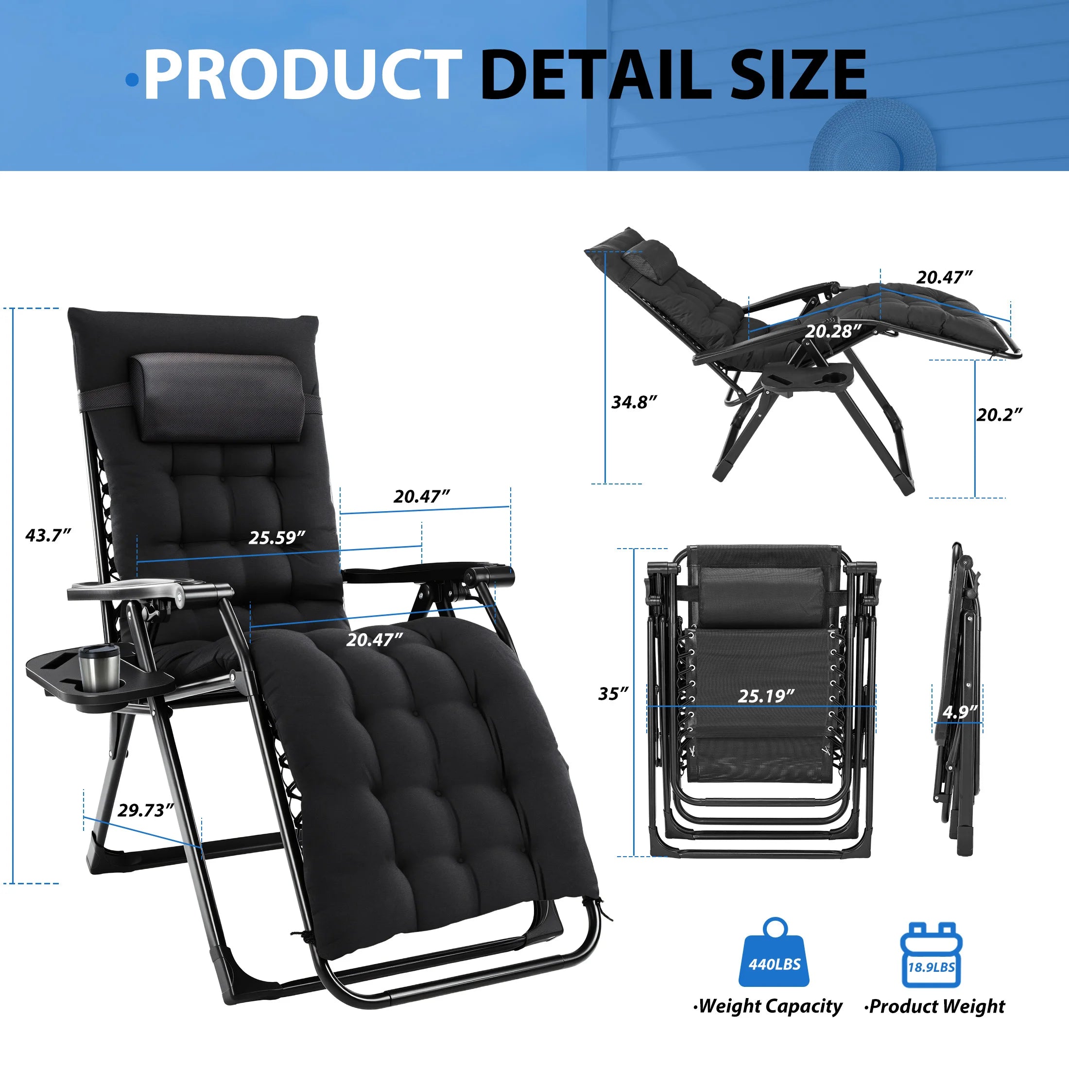 MCQ Zero Gravity Cushioned Lounge Chair Outdoor Folding Camping Padded with Cup Holder Cooler Bag Heavy Duty Chair for Garden