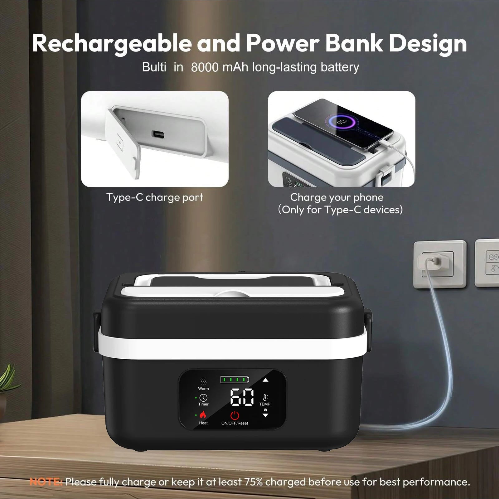 Wireless Electric Lunch Box – 8000mAh Battery, 60W Food Warmer