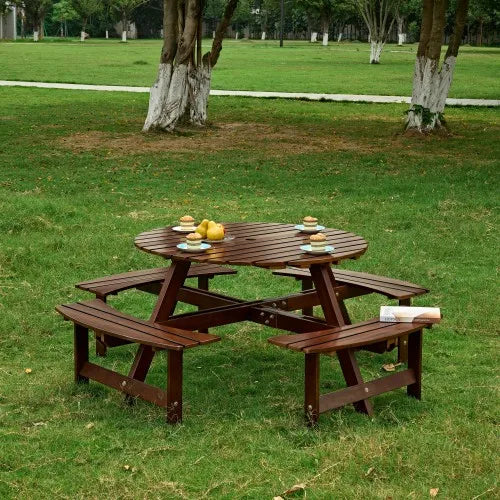 Brown Durable Wood 8-Person Round Picnic Table 4 Built-in Benches Umbrella Hole Outdoor Patio Furniture