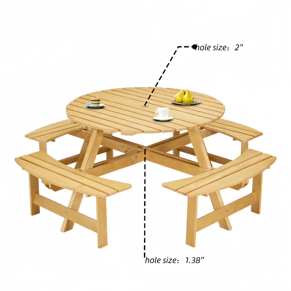 Brown Durable Wood 8-Person Round Picnic Table 4 Built-in Benches Umbrella Hole Outdoor Patio Furniture