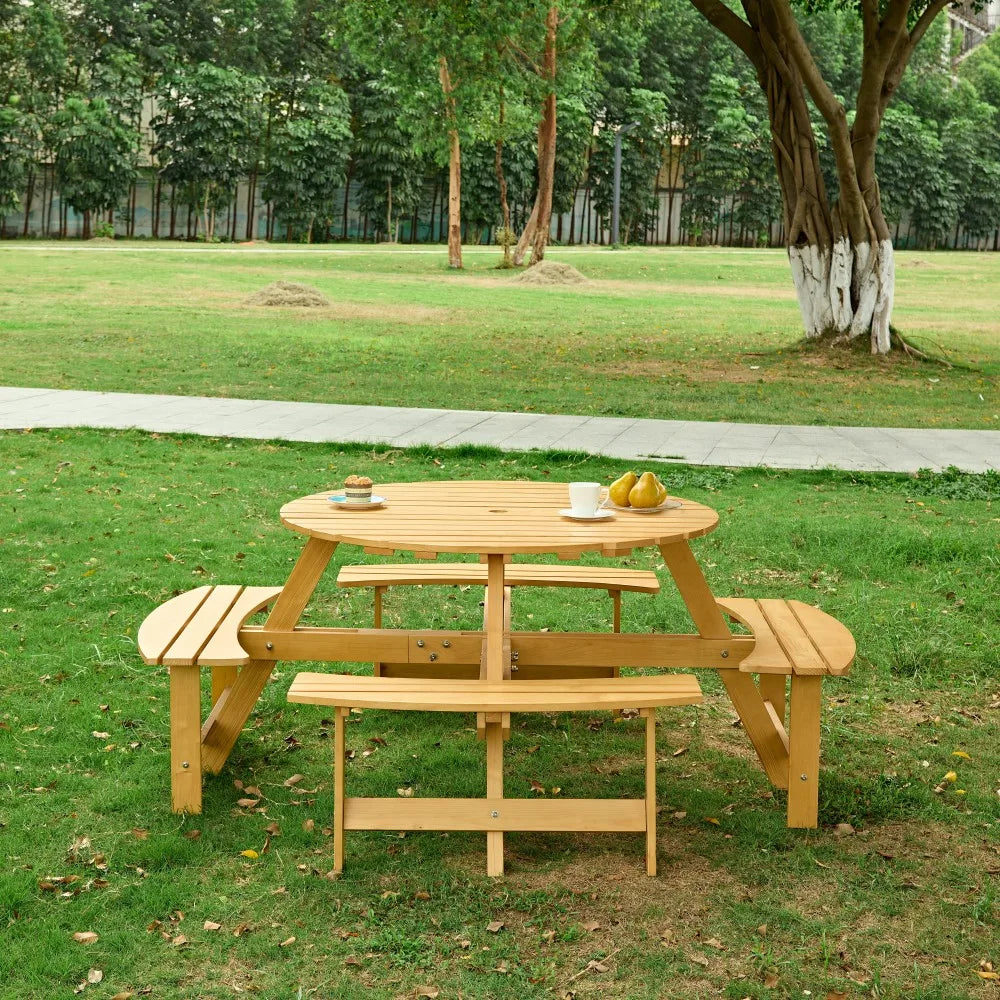 Brown Durable Wood 8-Person Round Picnic Table 4 Built-in Benches Umbrella Hole Outdoor Patio Furniture