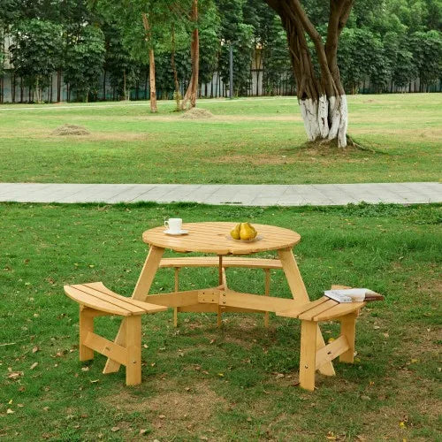 Brown Durable Wood 8-Person Round Picnic Table 4 Built-in Benches Umbrella Hole Outdoor Patio Furniture