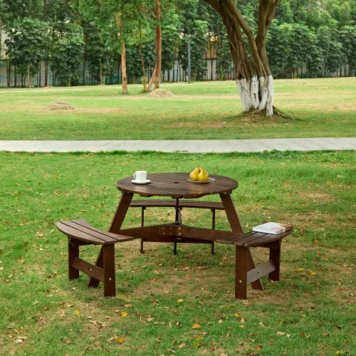 Brown Durable Wood 8-Person Round Picnic Table 4 Built-in Benches Umbrella Hole Outdoor Patio Furniture