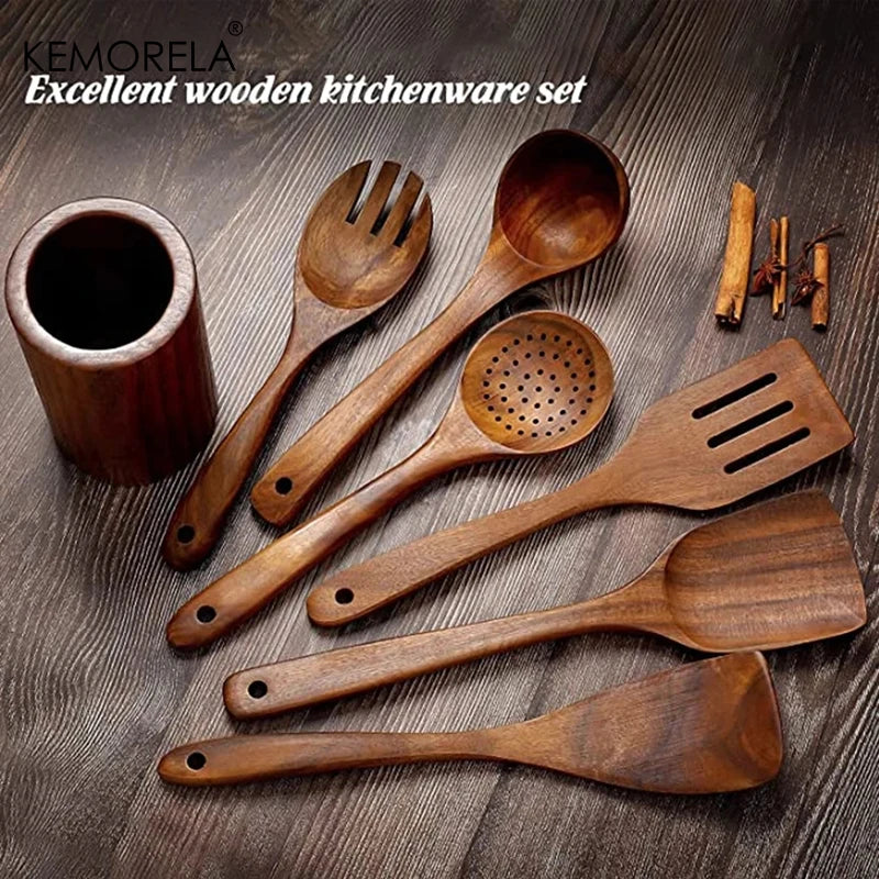 7PCS Teak Wooden Kitchen Utensils – Spoon & Ladle Set