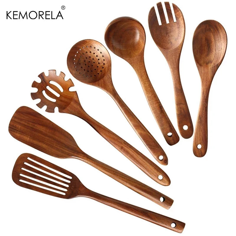7PCS Teak Wooden Kitchen Utensils – Spoon & Ladle Set