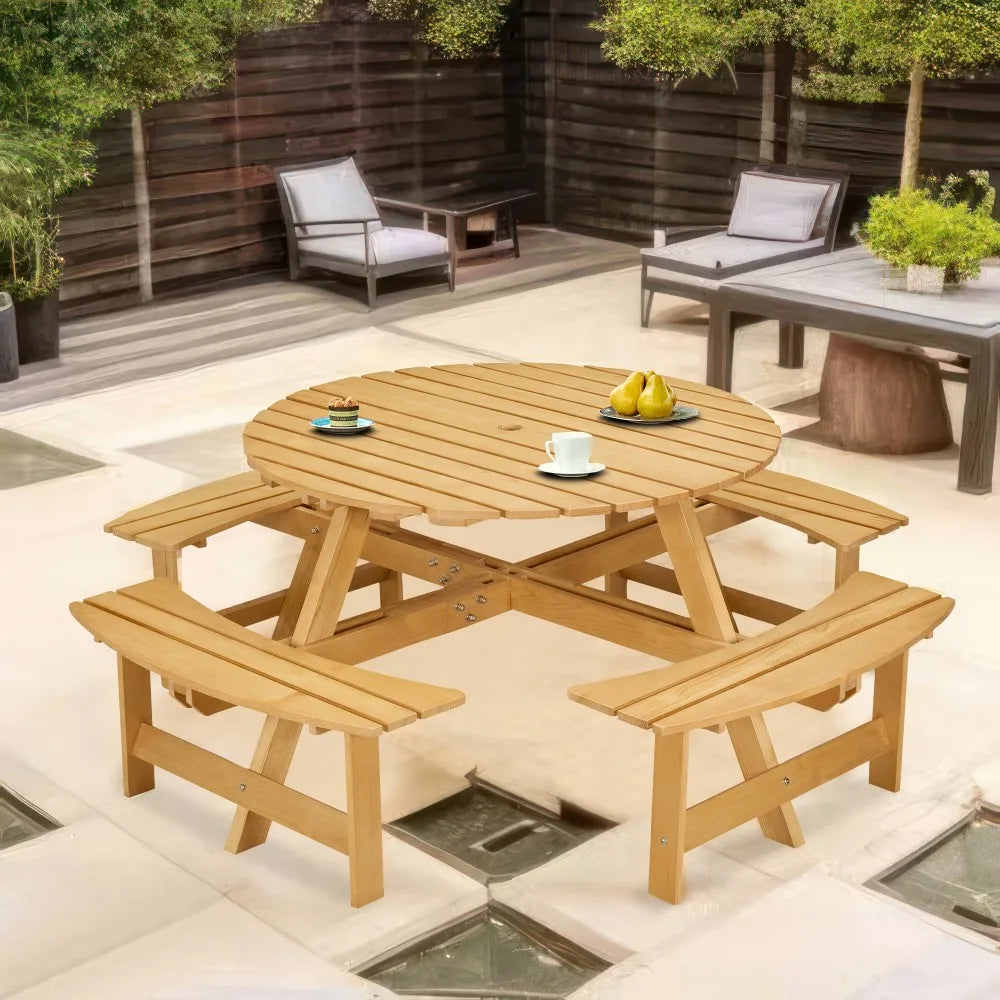 Brown Durable Wood 8-Person Round Picnic Table 4 Built-in Benches Umbrella Hole Outdoor Patio Furniture