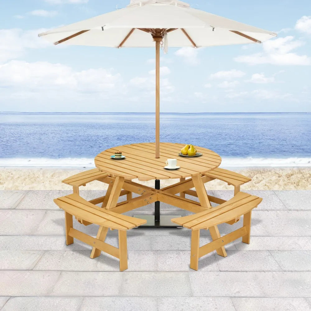 Brown Durable Wood 8-Person Round Picnic Table 4 Built-in Benches Umbrella Hole Outdoor Patio Furniture