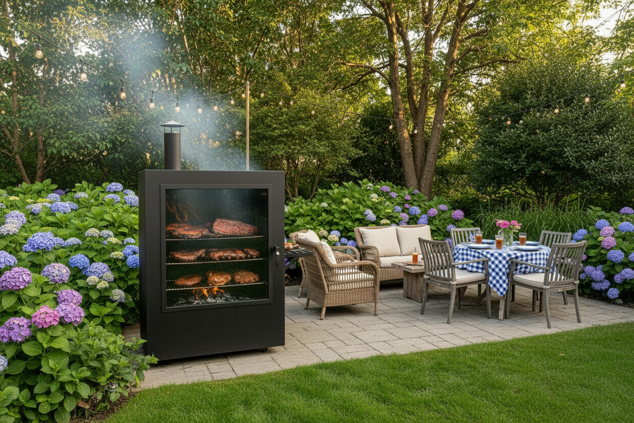 Outdoor patio with grill, chairs, and a dining table in a garden setting.